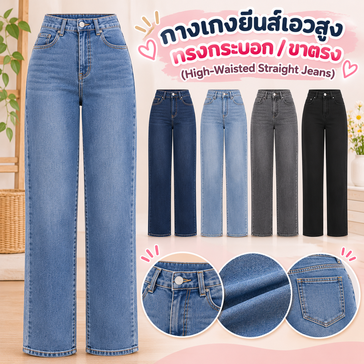 กางเกงยีนส์เอวสูงทรงกระบอก / ขาตรง (High-Waisted Straight Jeans)