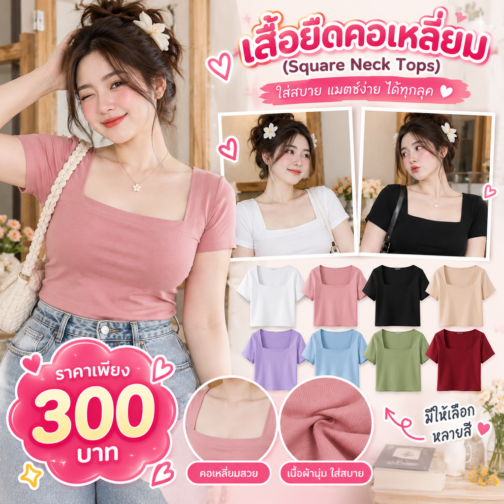 เสื้อยืดคอเหลี่ยม / คอสแควร์ (Square Neck Tops)