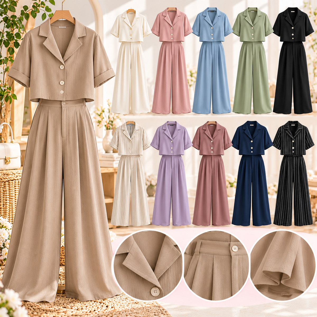 ชุดเซ็ตเสื้อ+กางเกงขากระบอก (Matching Top & Wide-Leg Pants Set)