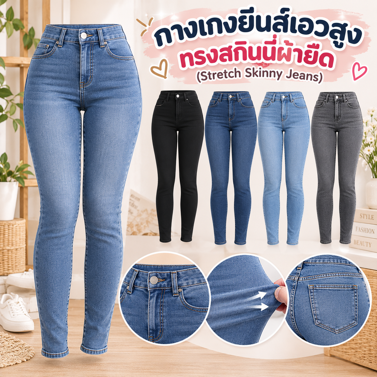 กางเกงยีนส์เอวสูงทรงสกินนี่ผ้ายืด (Stretch Skinny Jeans)