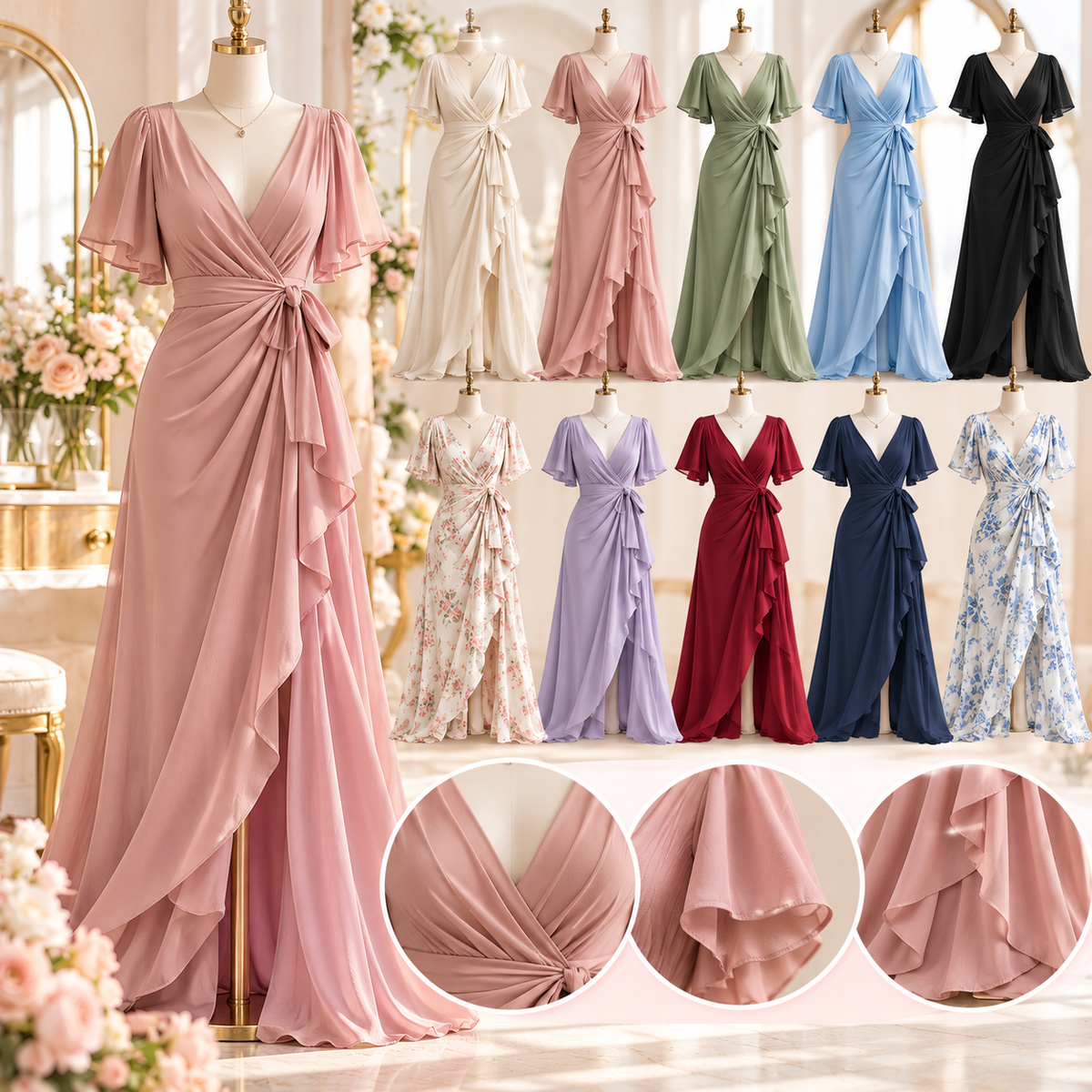 เดรสทรงป้ายหน้าคอวีลึก (Wrap & V-Neck Gown)